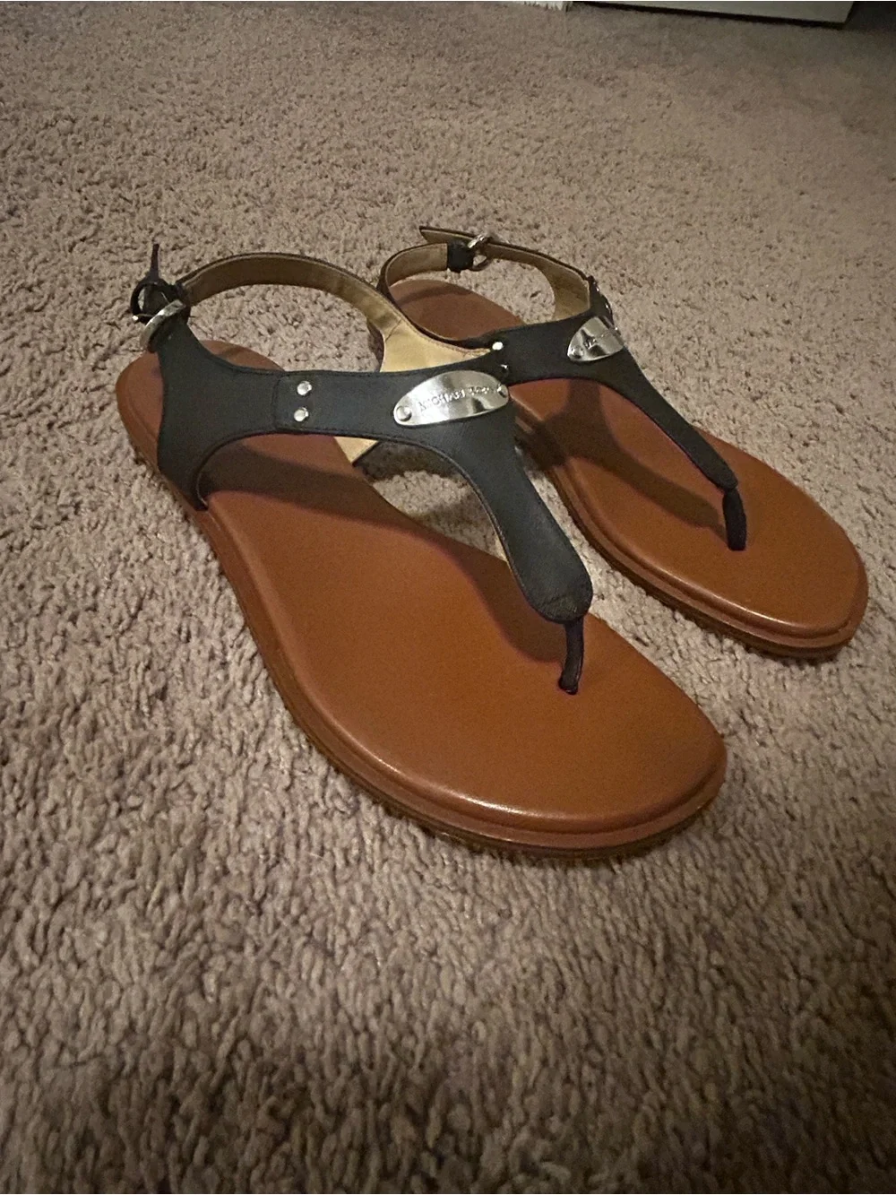 Michael Kors Women’s Black T-StrapFlat Sandals Silver Logo Buckle (Size 9)